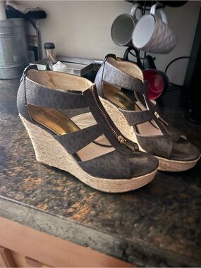 Michael Kors Dark Brown Strappy Espadrille Wedge Sandals